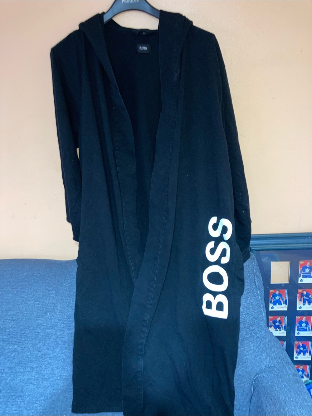 BOSS Black Hooded Open-Front Robe Coat with White Logo